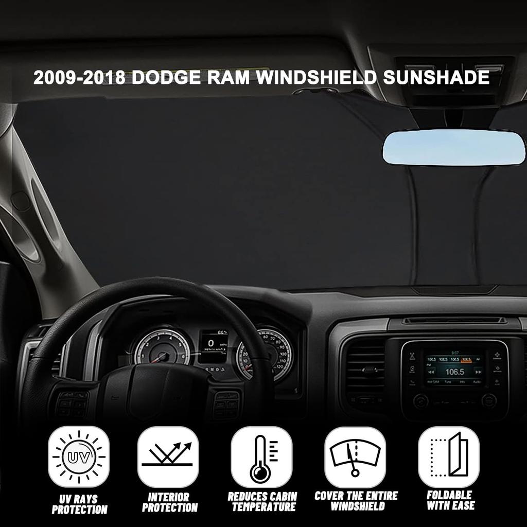 Bestview Windshield Sun Shade For Dodge Ram 1500 2009-2018, Fit Front Window Sun Shade Sun Shade Protective Film Blocks UV Heat, Foldable 3 Layer