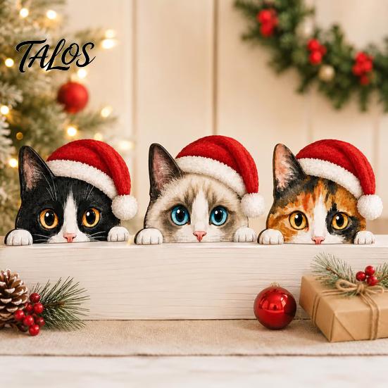 Holiday Table Decoration Cute Cat Shelf Sitter, Wooden Christmas Hat Peeking Desk Figurine, Funny Animal Centerpiece Sign, Lover Gift for Home Office