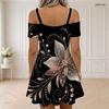 Women Plus Size White Printed Cold Shoulder V Neck Chain Strap Zipper Short Sleeve Flared Hem Dress