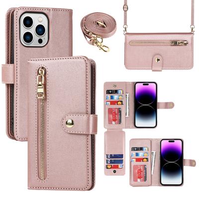 Crossbody Zipper Cards Bag Wallet Leather Case For iPhone 15 Pro Max 14 Plus 13 12 Mini 11 XR 7 8 SE 2022 Purse Pocket Lanyard