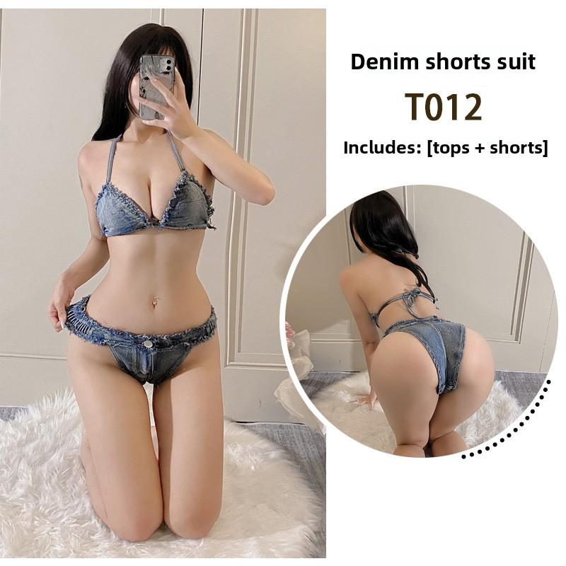 Sexy Lingerie Three-point Beach Bikini Seduction Short Hot Pants on Bed Hot No-take Jeans