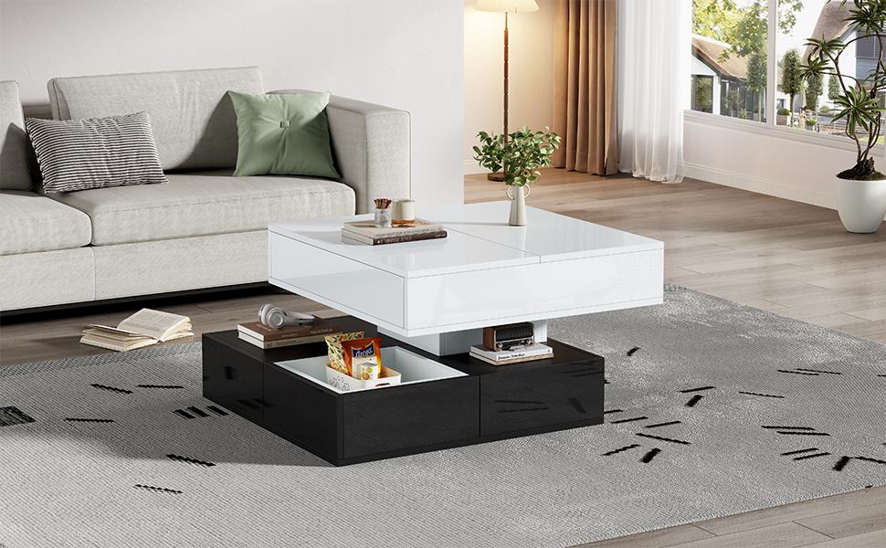 70*70*40cm Coffee Table with 360 degrees Rotating Tabletop, Double-Layer Living Room Table with 3 Drawers, Liftable Sofa Table, White+Black