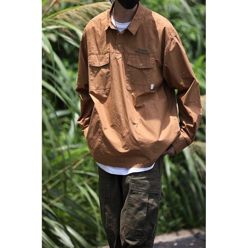 Japanese Retro Simple Letter Embroidered Shirt Men's Long Sleeve Lapel Multi-Pocket Casual Shirt Spring and Autumn Coat