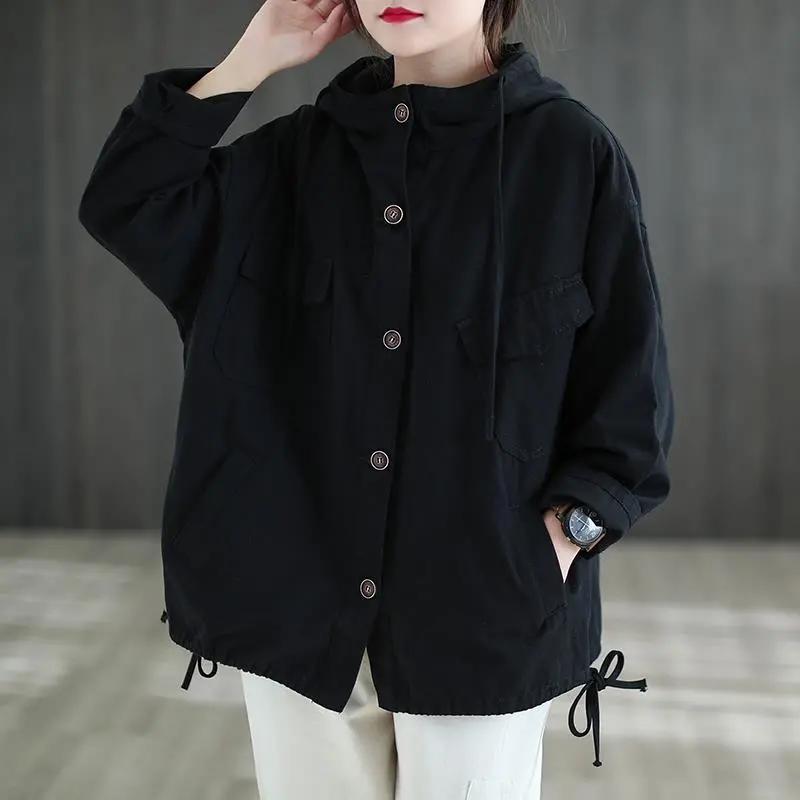 

Весенне-осенние ретро куртки больших размеров для женщин, приталенная куртка с капюшоном, хлопковое пальто S чёрный