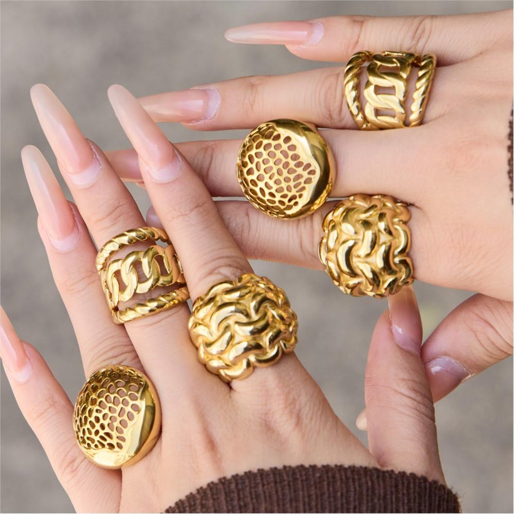 Vintage Hollow Stainless Steel Rings for Women Gold Plated Interwoven Textured Chunky Ring Statement Bold Keeper Rings