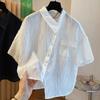 Designed Button-down Solid Color Short-sleeved Shirt with Irregular Pleated Lining