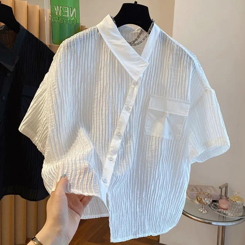 

Designed Button-down Solid Color Short-sleeved Shirt with Irregular Pleated Lining XL білий