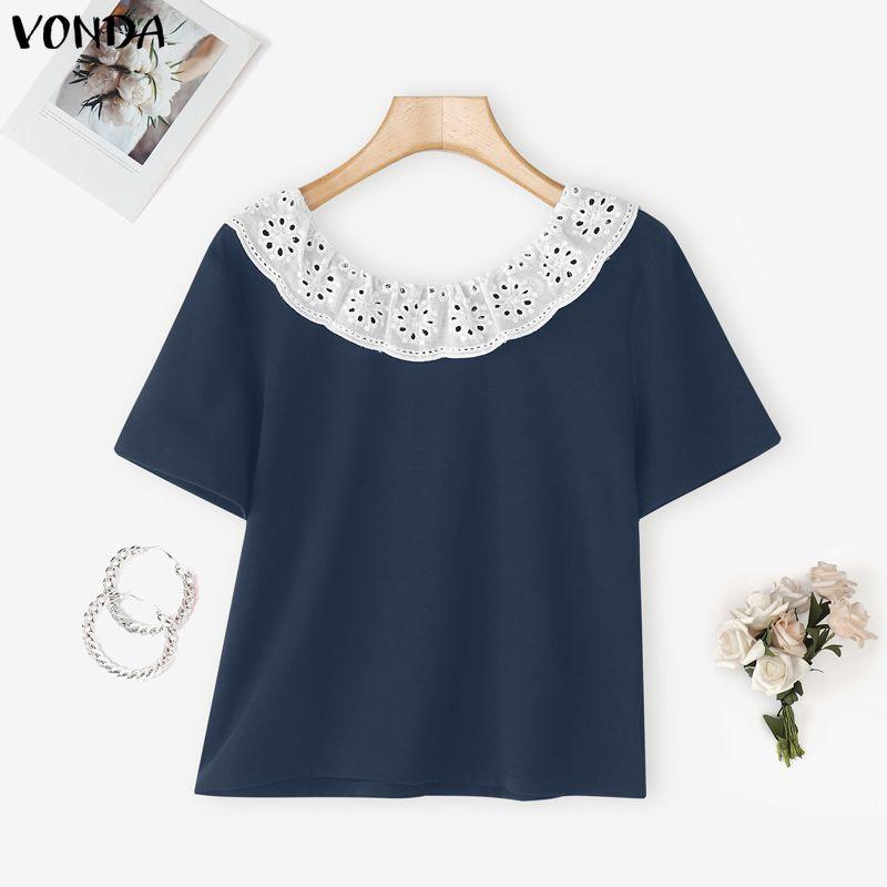 VONDA Women Short Sleeve Lace Crochet Back Bow Patchwork Casual Cropped Blouse