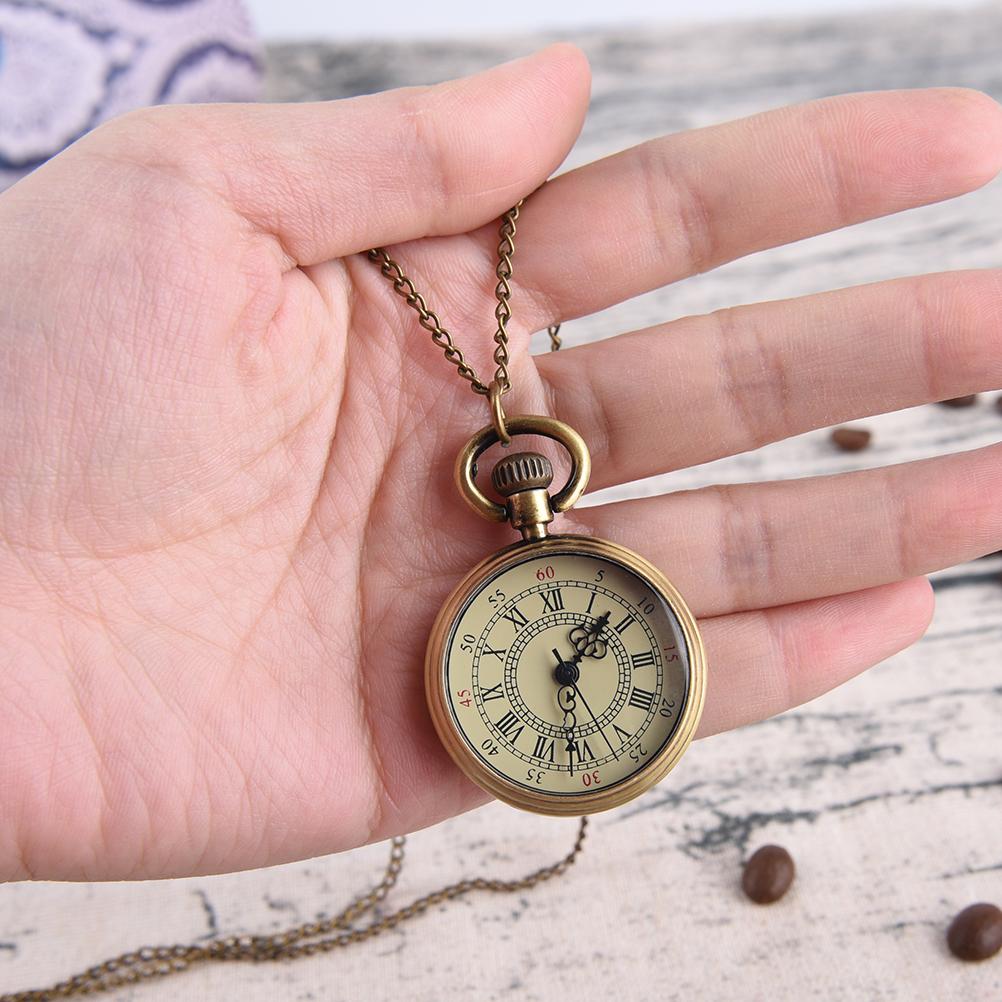 Simple Vintage Style Steampunk Beige Dial Roman Numbers Small Pocket Watch Necklace Pendant