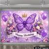 Sfondo Compleanno Farfalla Viola 2D Corona Floreale Festa Ragazza Photo Booth Banner