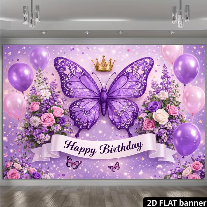 Sfondo Compleanno Farfalla Viola 2D Corona Floreale Festa Ragazza Photo Booth Banner