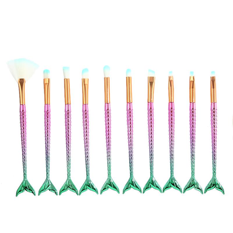 Четырехцветный набор кистей для макияжа русалки - 10 градиентных кистей в форме рыбьего хвоста