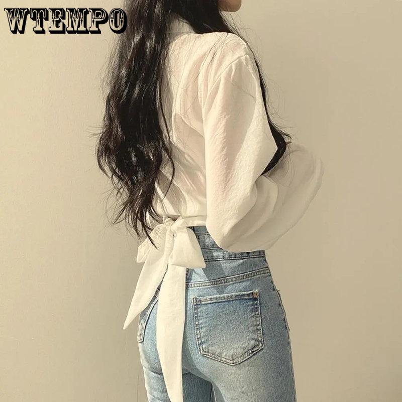 WTEMPO Vintage Streetwear Harajuku Bluze pentru femei Coreeană la modă Negru Alb Gri Cămăși cu mânecă lungă Tunica Chic Topuri decupate