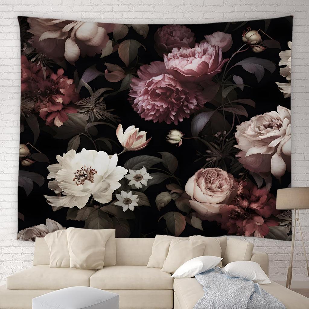 Black Floral Tapestry Retro Flower Bloosom Rustic Rose Watercolor Peony Vintage Boho Gothic Spring Plant Leaves Home Decor Wall
