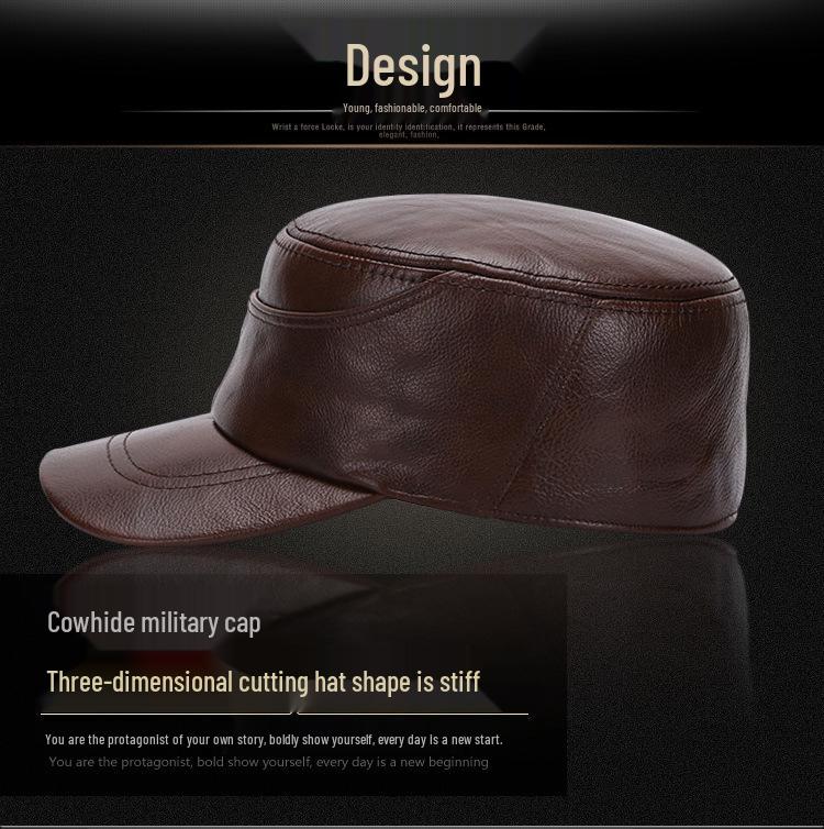 Męska Czapka z Daszkiem typu "Kaczka" ze Skóry Bydlęcej - Ciepła w Stylu Wojskowym na Jesień i Zimę