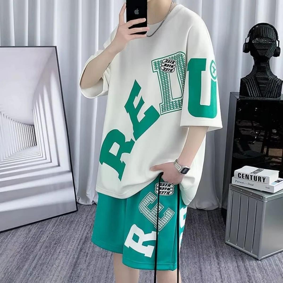 

Summer Oversized Short Sleeved T-shirt Men s Letter Print Comfortable Breathable Round Neck T-shirt Shorts Set Outdoor Street Style Outfit XXL зелений