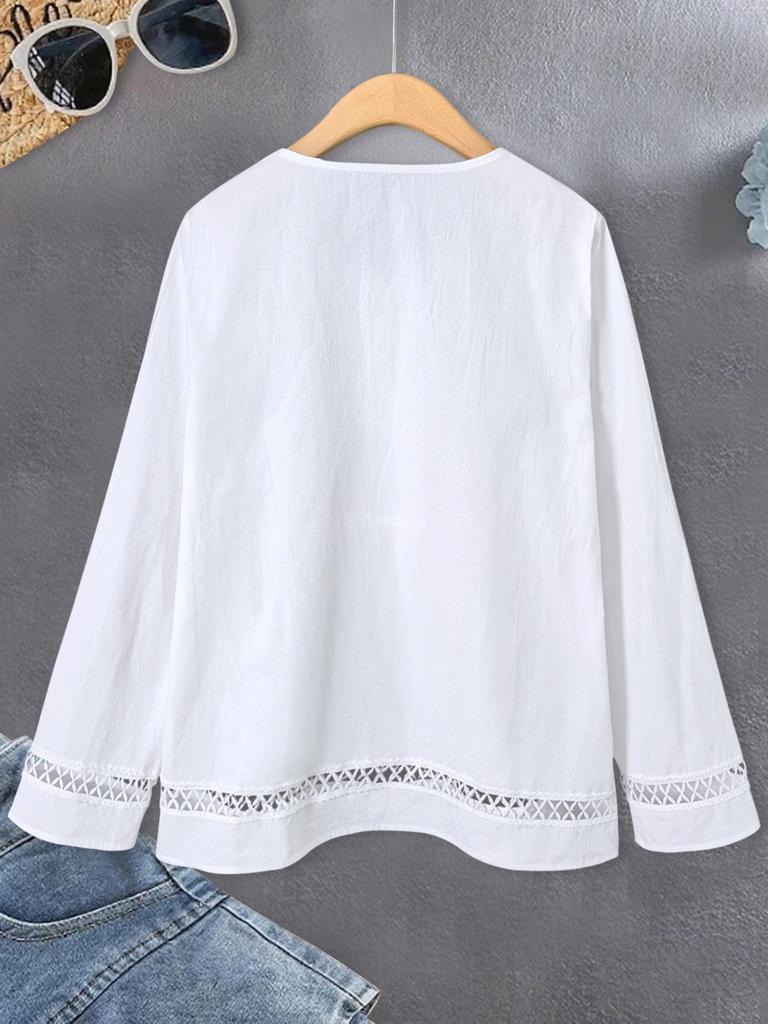 2025 Women's Long Sleeve Lace Patchwork Casual Shirt - Elegant Solid Color