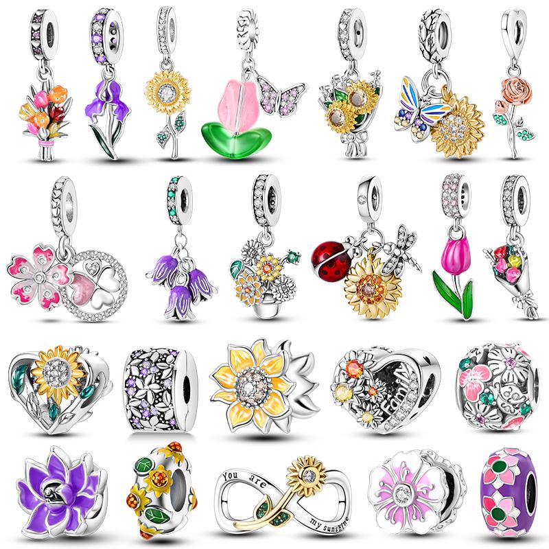 Copper Flower Serie Charms Beads Sunflower Tulip Pendants Fit Original Pan Bracelet Making Fashion Jewelry