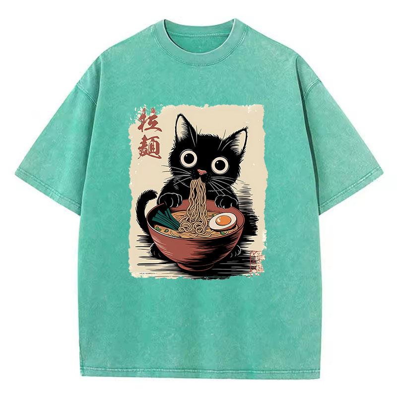 Oversize Japanese Style Ramen Cat T Shirt Vintage Washed Cotton T-Shirt Graphic Tee Casual Streetwear Spring Summer