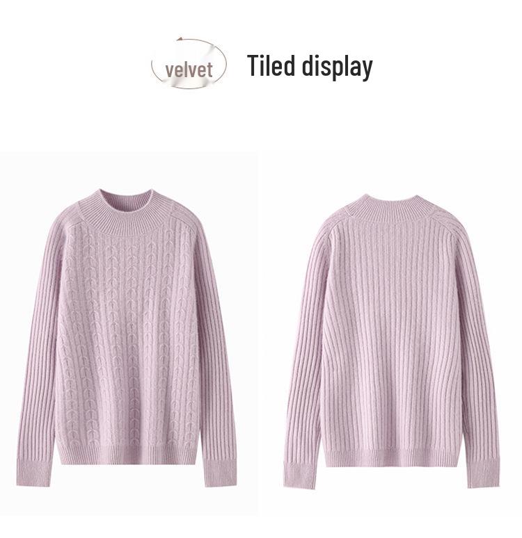 Women's Retro Cable-Knit Cashmere Half-Turtleneck Sweater - Autumn/Winter Base Layer, Solid Color
