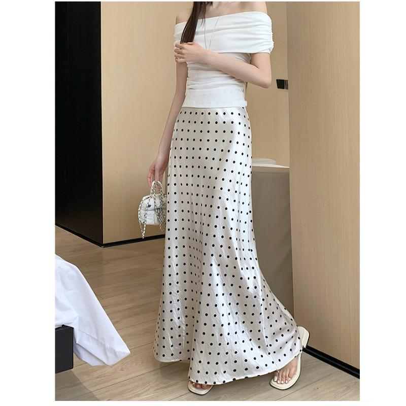 Moda Primavera Verano Elegante Estampado de Lunares Falda Larga Cintura Alta Suelta Ajustada a la Cadera Línea A Faldas de Fiesta Ropa Sencilla Casual para Señoras de Oficina