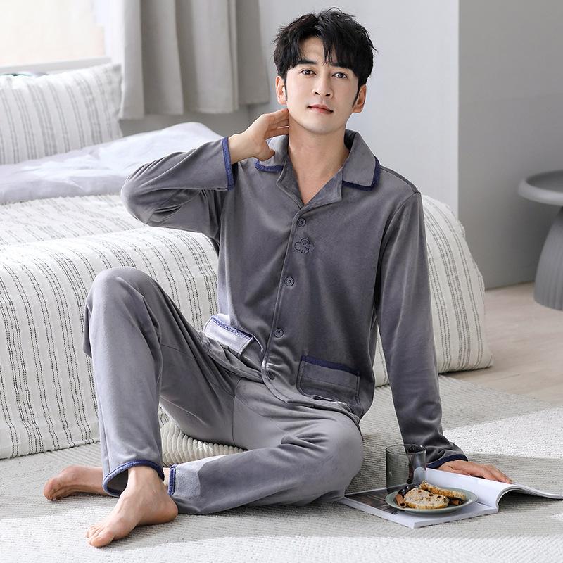 Flannel Pajamas Men'S Autumn And Winter Coral Fleece Large Size Thickened Fleece Warm Island Fleece Long-Sleeved Loungewear Set