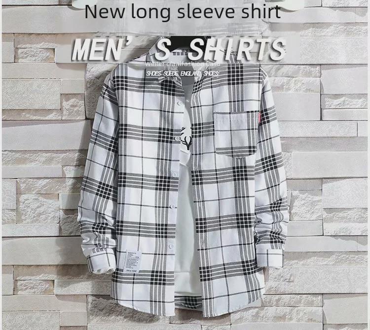 Męska koszula casual w stylu hongkońskim, w japońską kratę, modna, koreańska, z długim rękawem - Kolekcja wiosenno-jesienna