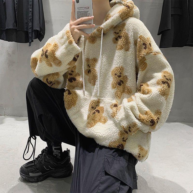 Moletom Pelúcia Quente de Inverno com Estampa de Ursinho para Homens Pullovers Doces de Pelúcia Quentes de Inverno Moletom Solto Estilo Coreano Vintage