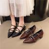 Summer 2025 Women's Wine Red Patent Leather Cat Heel Sandals Buckle Pointed Toe Thin Heel Single Shoes High Heels Casual Footwea