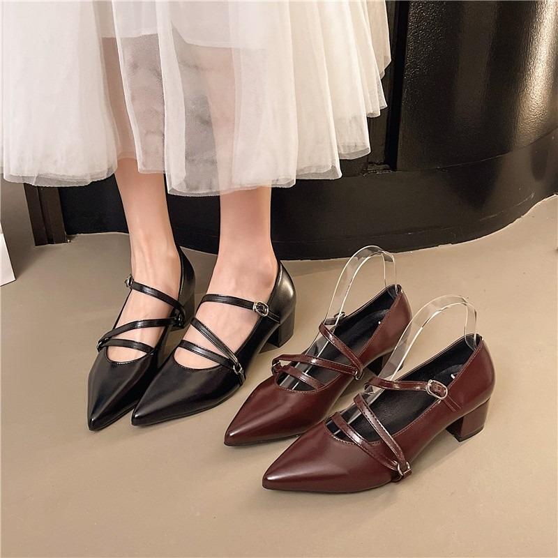 Summer 2025 Women's Wine Red Patent Leather Cat Heel Sandals Buckle Pointed Toe Thin Heel Single Shoes High Heels Casual Footwea
