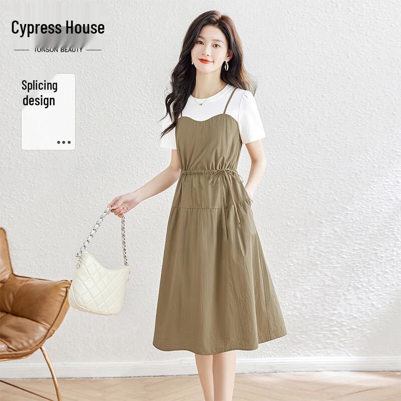 Sibaishier Round Neck Drawstring Fake Two-Piece Mid-Length Dress L