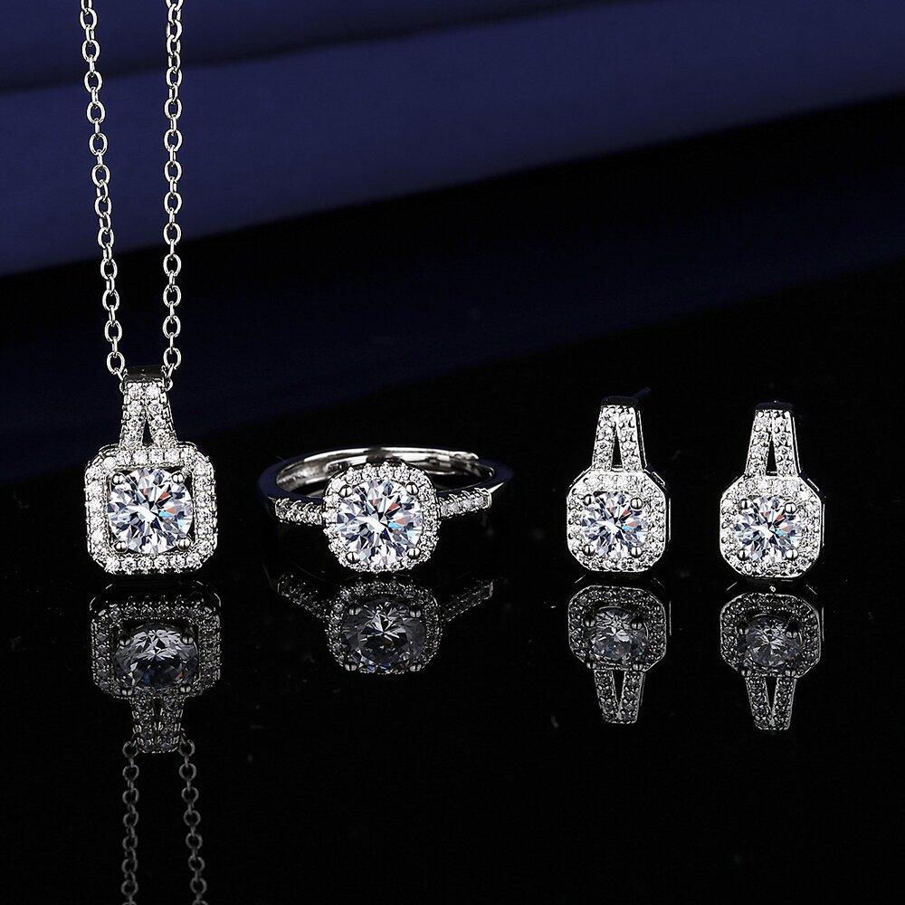 2026 Fashion Moissanite Princess Square Bag Three-piece Set Ring Earrings Pendant Necklace Women's Jewelry
