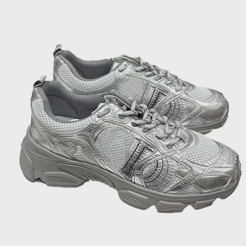 D's Mesh Contrast Running Shoes: Stylish Couple's Dad Shoes with Thick Sole, Lace-up Design for Men and Women