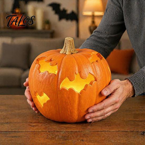 Illuminazione Notturna Atmosferica Zucca di Halloween Statuetta in Resina, Lanterna a Forma di Pipistrello Traforata con Artigianato Artistico Luce Calda, Spettrale Interno Esterno Casa Tavolo