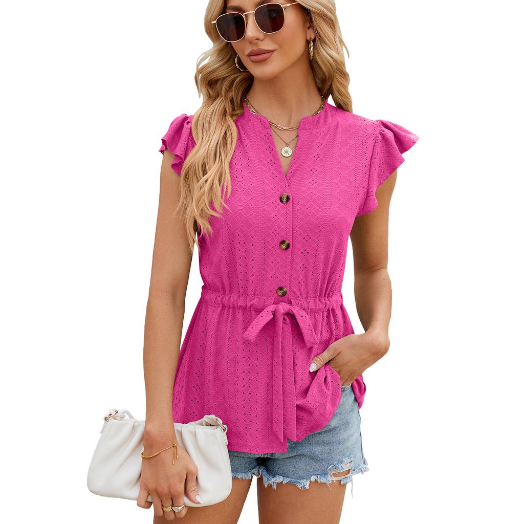 Summer Women's T-shirt Solid Color Button Up Loose T-shirt Top