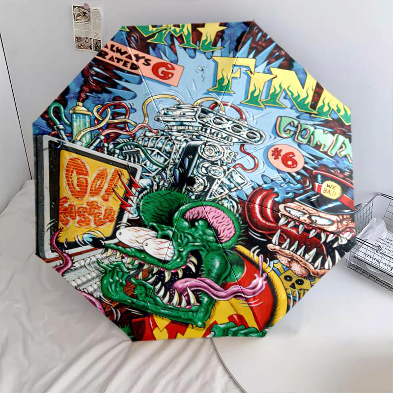 1pc Rat Fink pattern Umbrella Portable Folding Umbrella Iron Frame Hole Bone Structure Outdoor Home Umbrella