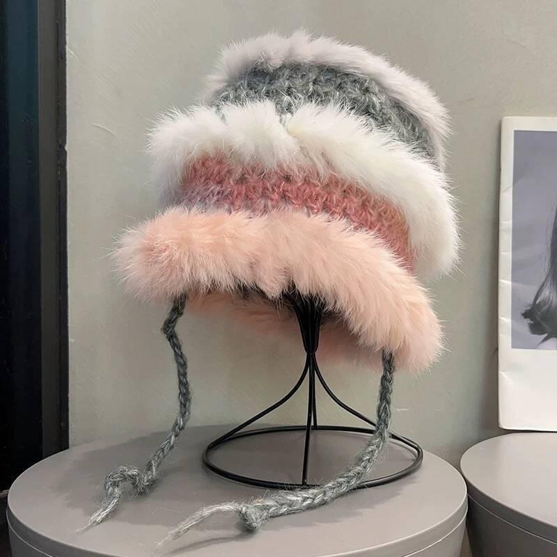 Fashion Rabbit Fur Patchwork Knit Bucket Hat Women Warm Fall Winter Large Head Size Face Slimming