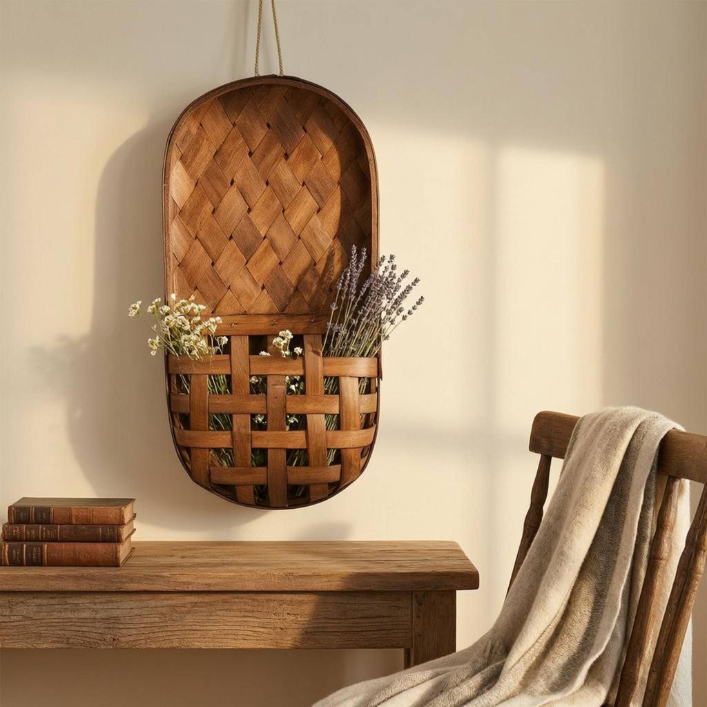 Woven Wood Basket Arched Top Wooden Wall Basket Home Storage Shallow Profile Rustic