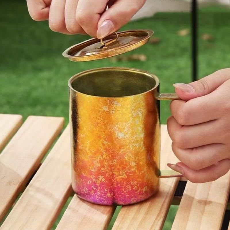 Outdoor Camping Pure Titanium Coffee Mug,With lid Double-layer Multicolored Handle Breakfast Mule Beer 350 ml Juice Cup,Tumbler