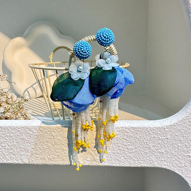 Exaggerated Big Fluffy Fabric Flower Beads Pendant Earrings for Women Trendy Wedding Drop Earring 2023 Bohemia Jewelry Accessory