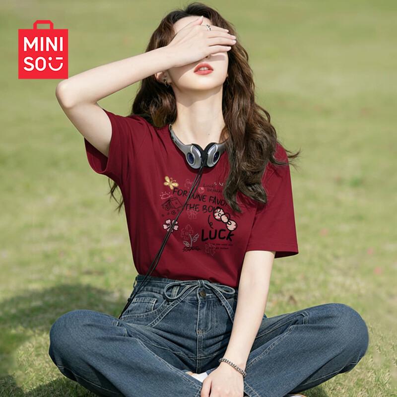 MINISO Women s Cotton Loose Fit Short Sleeve T-Shirt M вино красного