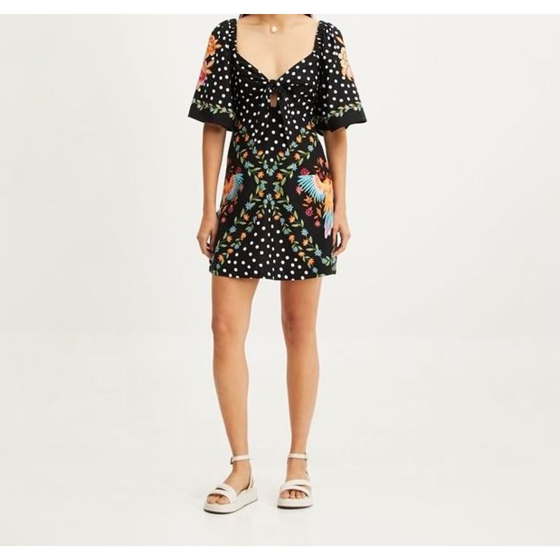 

Export Single Refined Stylish and Versatile Exquisite Printed Lace up Low-Cut Elegance Plaid Small Casual Dress Female Black S(P)