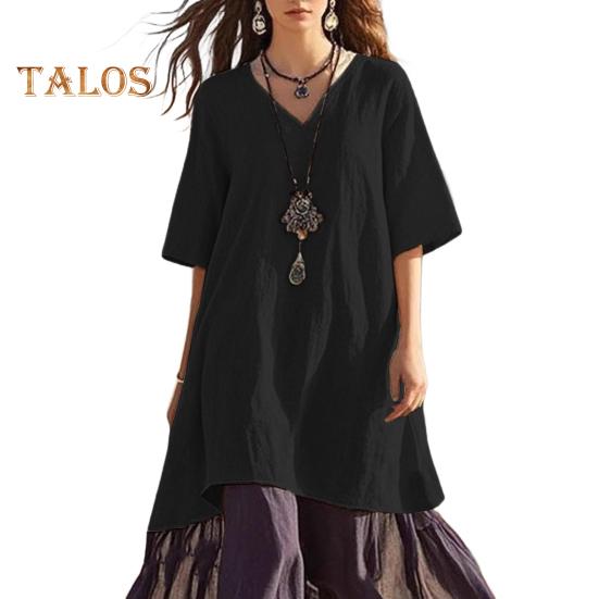 Women's Boho Patchwork Loose Dress Casual V-Neck Short Sleeve Swing Dress Summer Beach Vacation Sundress