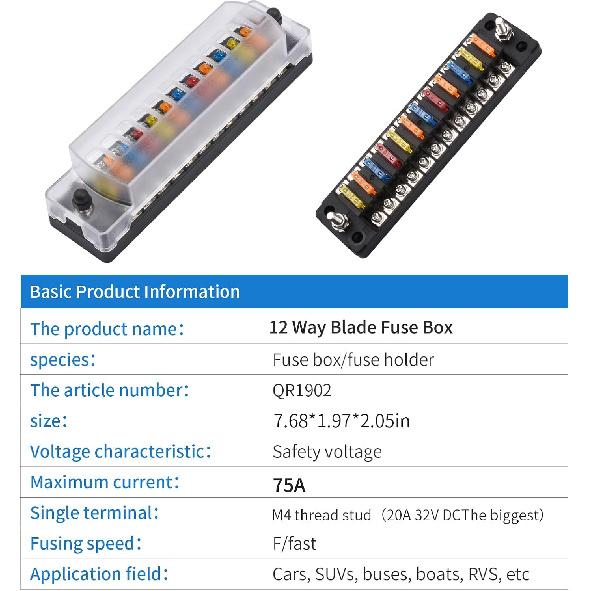 12-Way 12V Fuse Box Blade, 12-Volt Fuseholder, No LED Indicator, Moisture Resistant Cover - With Ground Bus 12-Way Independent Positive Fuseholder