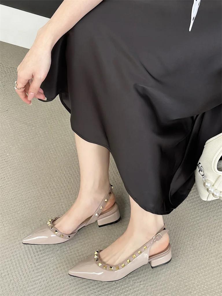 Kadın Sandalet Yaz Yüksek Topuklu Sivri Burunlu Sığ Ağızlı Nude Renk Kalın Topuklu Düğün Ayakkabısı Gelin