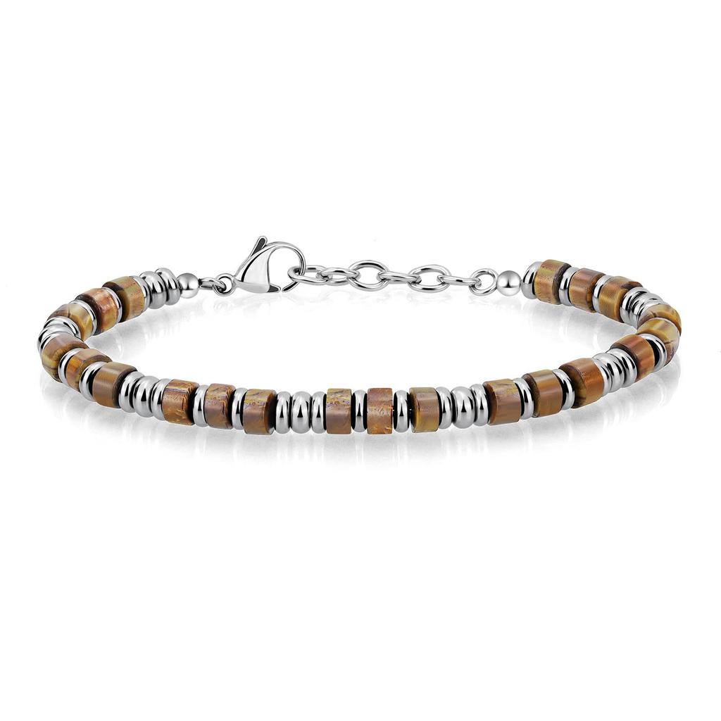 Bohemian chain bracelet, natural stone flat bead stainless steel chain, holiday gift, obsidian chain bracelet.