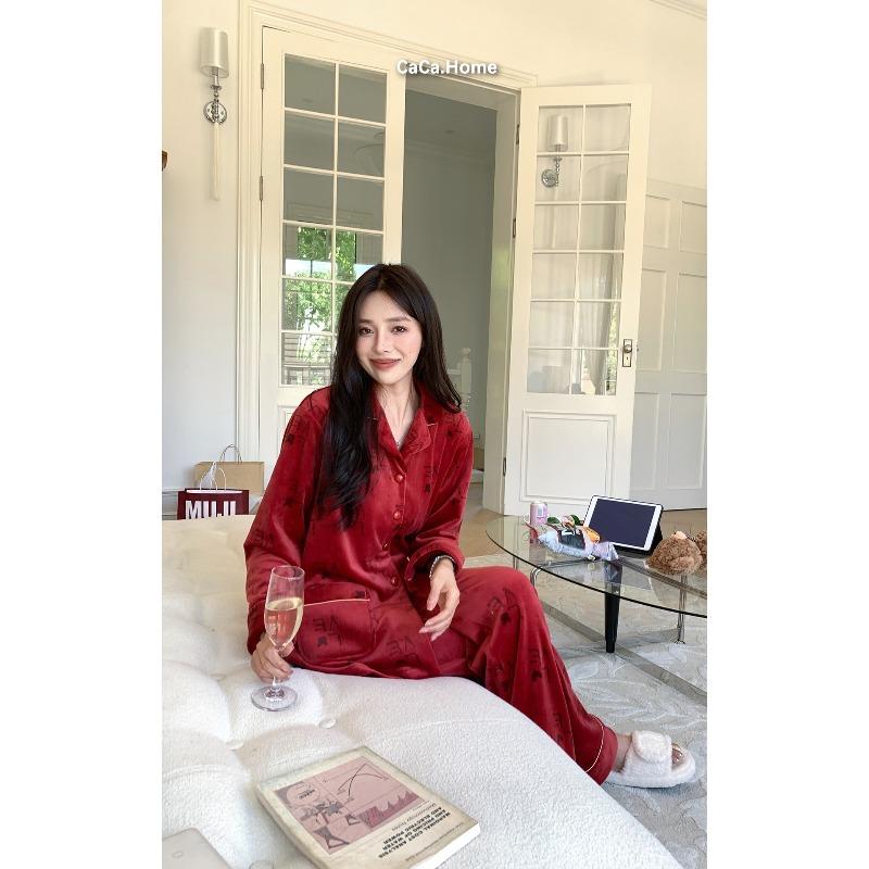 11 Couples wedding pajamas autumn Australian velvet long-sleeved natal burgundy loungewear autumn men's and women's pajamas
