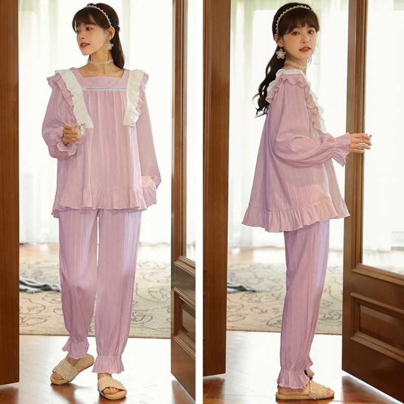 Høst Vinter Kvinner Koreansk Temperament Retro Søt Langermet bomullspyjamassett Nordic Fashion Palace Style Prinsessestil Hjemmeklær