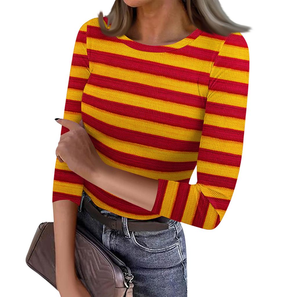 Dames Casual Mode Ronde Hals Gestreept Print Driekwartmouw Geribbelde Top
