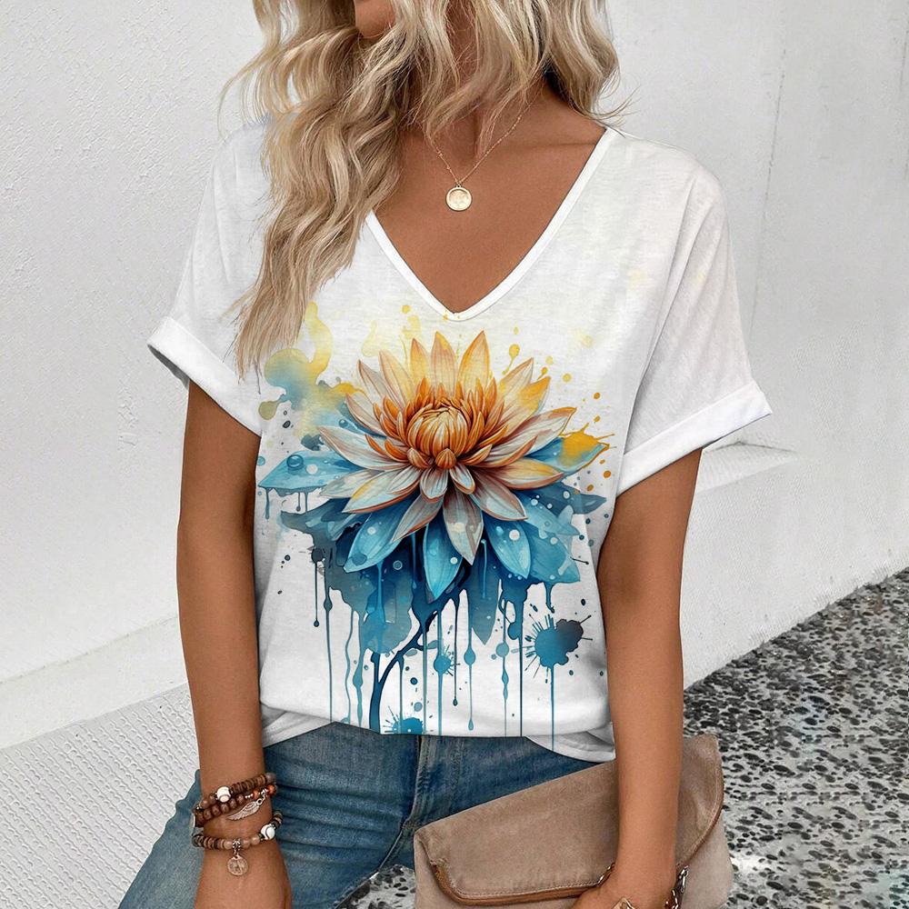 Plant Flower Print T-shirt Daily Loose Comfortable Top Personality Street Fashion Wear With The New Summer Women's V-neck Tees